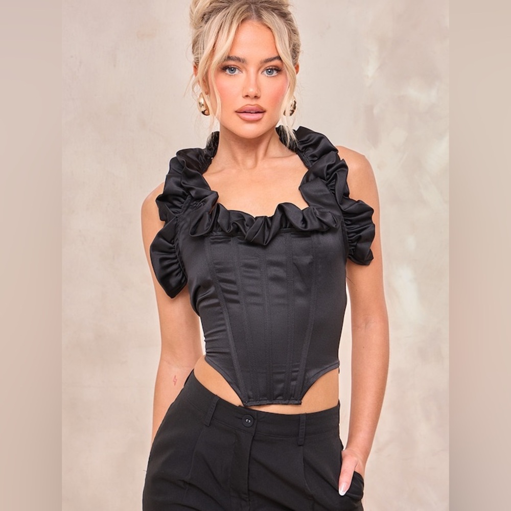 NWT PrettyLittleThing Black Satin Halterneck Top